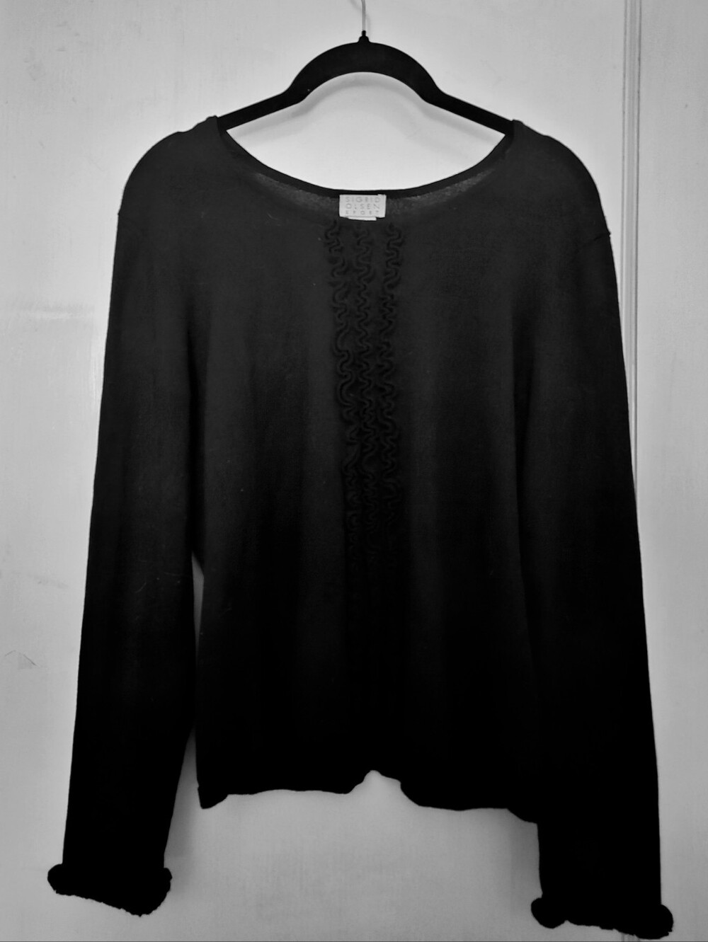 Sigrid Olsen Black Crewneck Sweater with Center Braid Detail